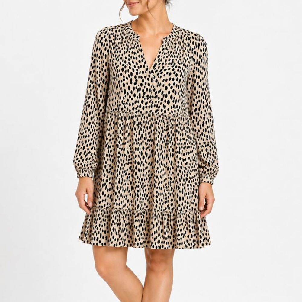 Vince Camuto Sz 2X Leopard Print Tiered Mini Dress Long Sleeve Lined Boho Animal